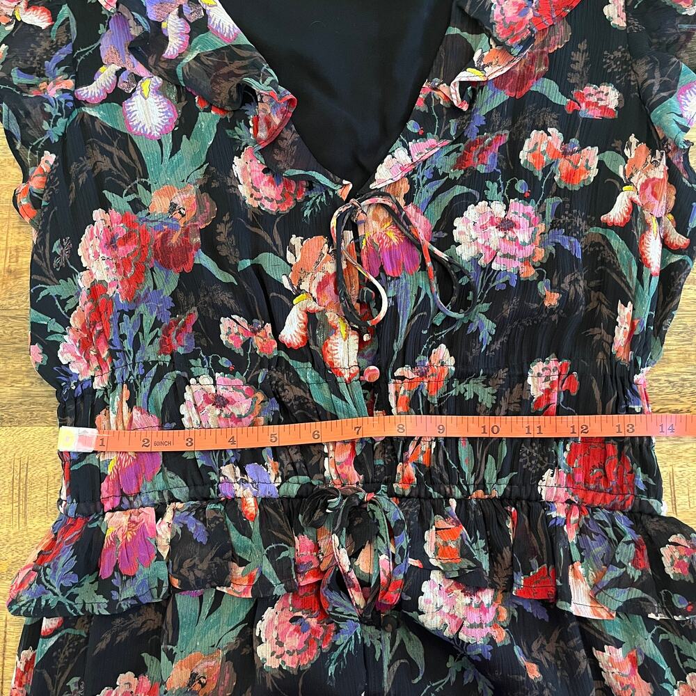 Paige Paradis 100% Silk Ruffle Floral Midi Dress M Dark Romantic Wedding Guest - Picture 12 of 13